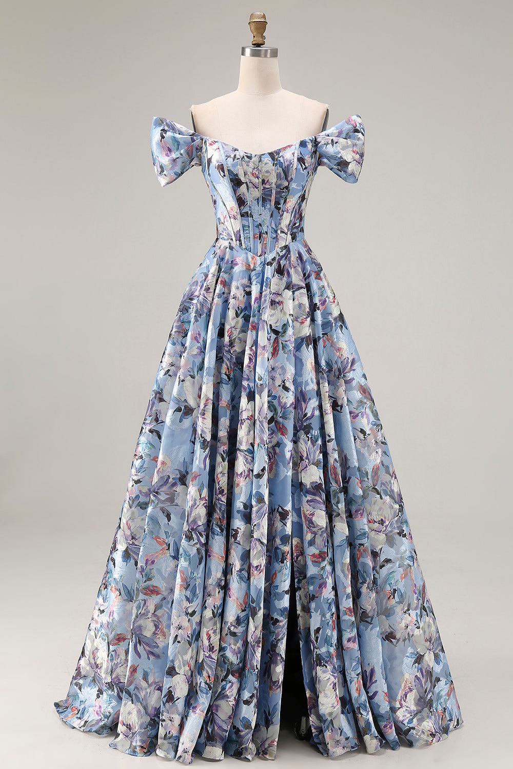 Off the Shoulder Blue Floral A Line Corset Prom Dress