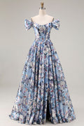 Off the Shoulder Blue Floral A Line Corset Prom Dress