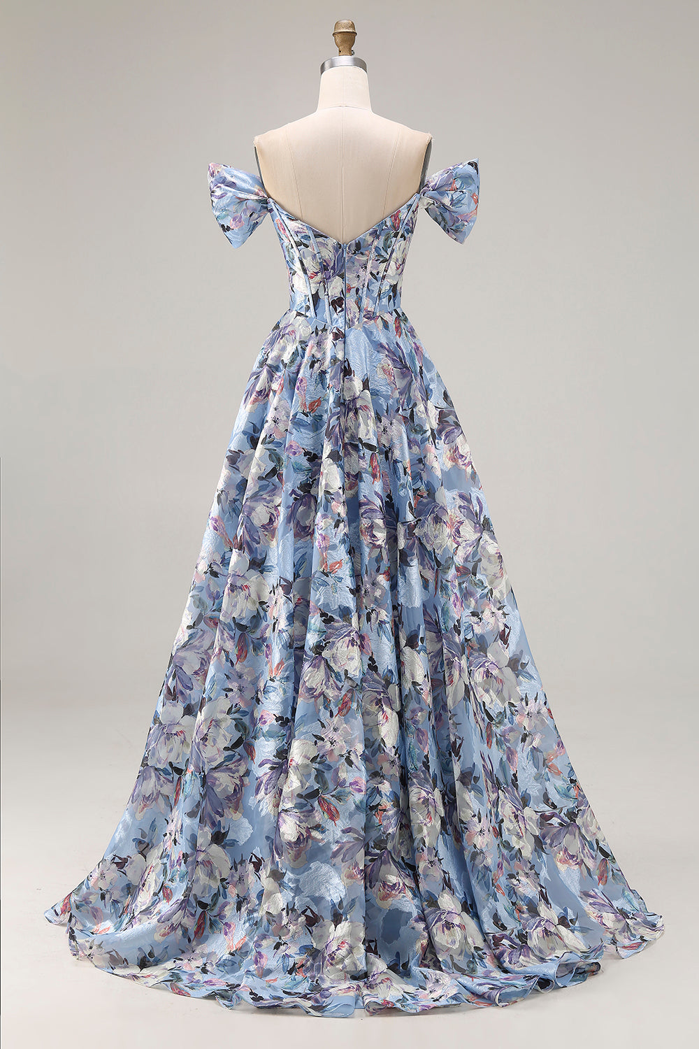 Off the Shoulder Blue Floral A Line Corset Prom Dress