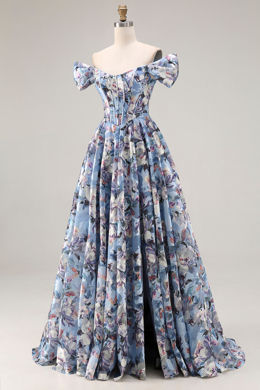 Off the Shoulder Blue Floral A Line Corset Prom Dress