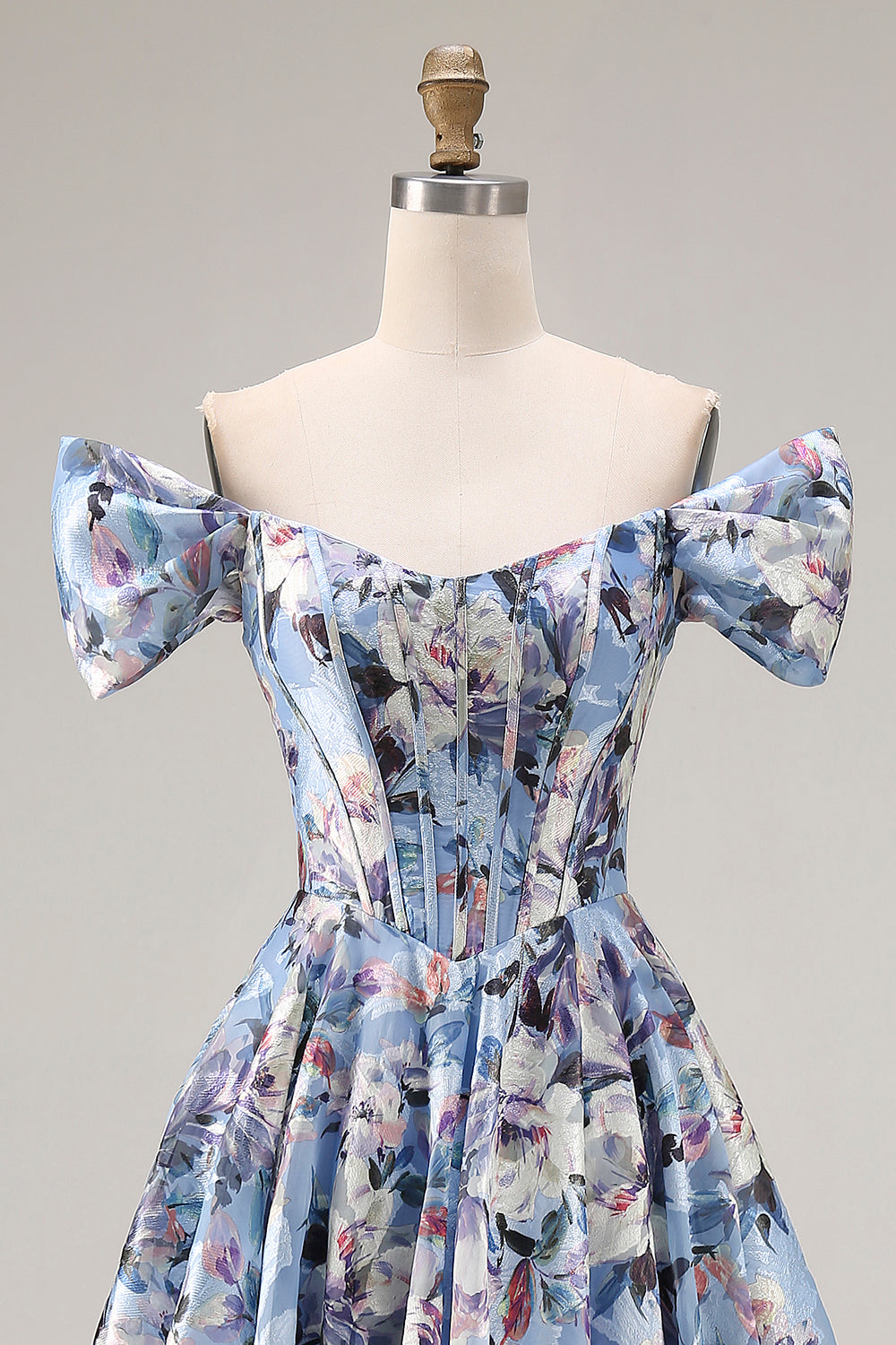 Off the Shoulder Blue Floral A Line Corset Prom Dress