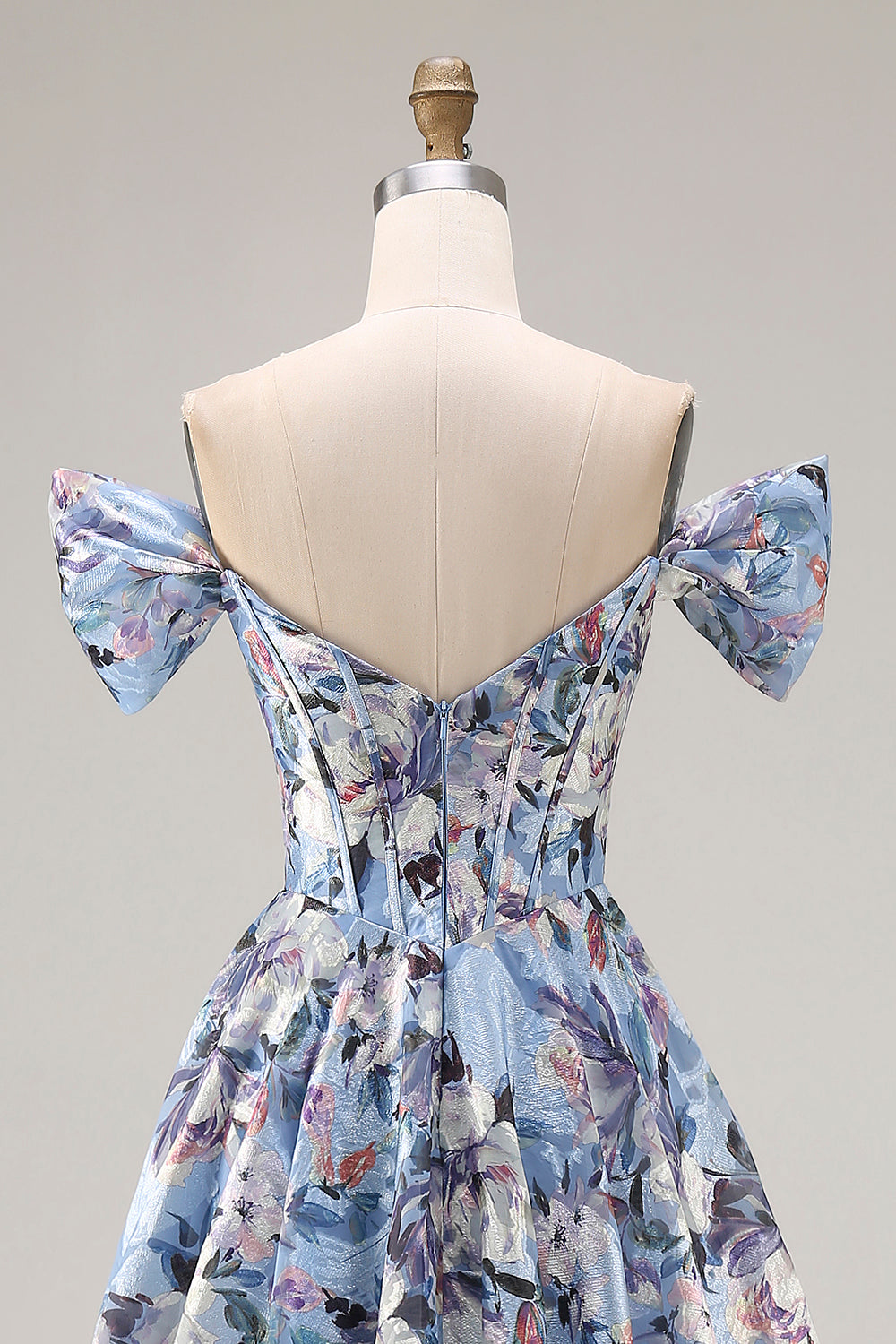 Off the Shoulder Blue Floral A Line Corset Prom Dress