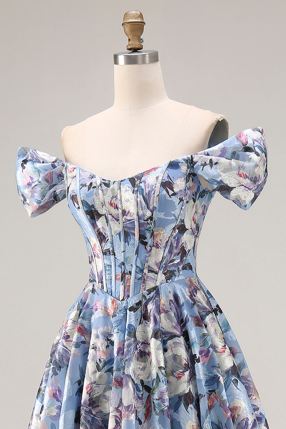 Off the Shoulder Blue Floral A Line Corset Prom Dress