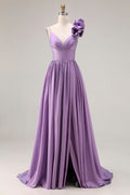 Purple 3D Flowers A Line Pleated Prom Dress