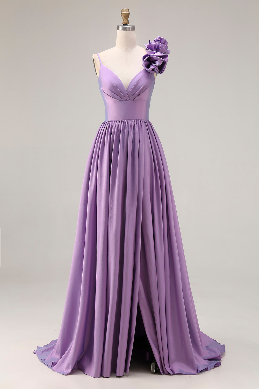 Purple 3D Flowers A Line Pleated Prom Dress