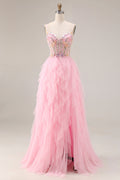 Sparkly Pink Corset Ruffled Beaded Prom Dress