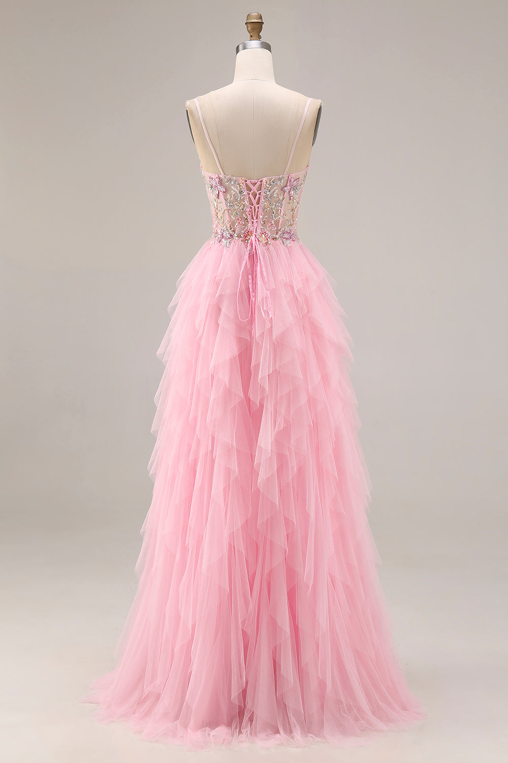 Sparkly Pink Corset Ruffled Beaded Prom Dress