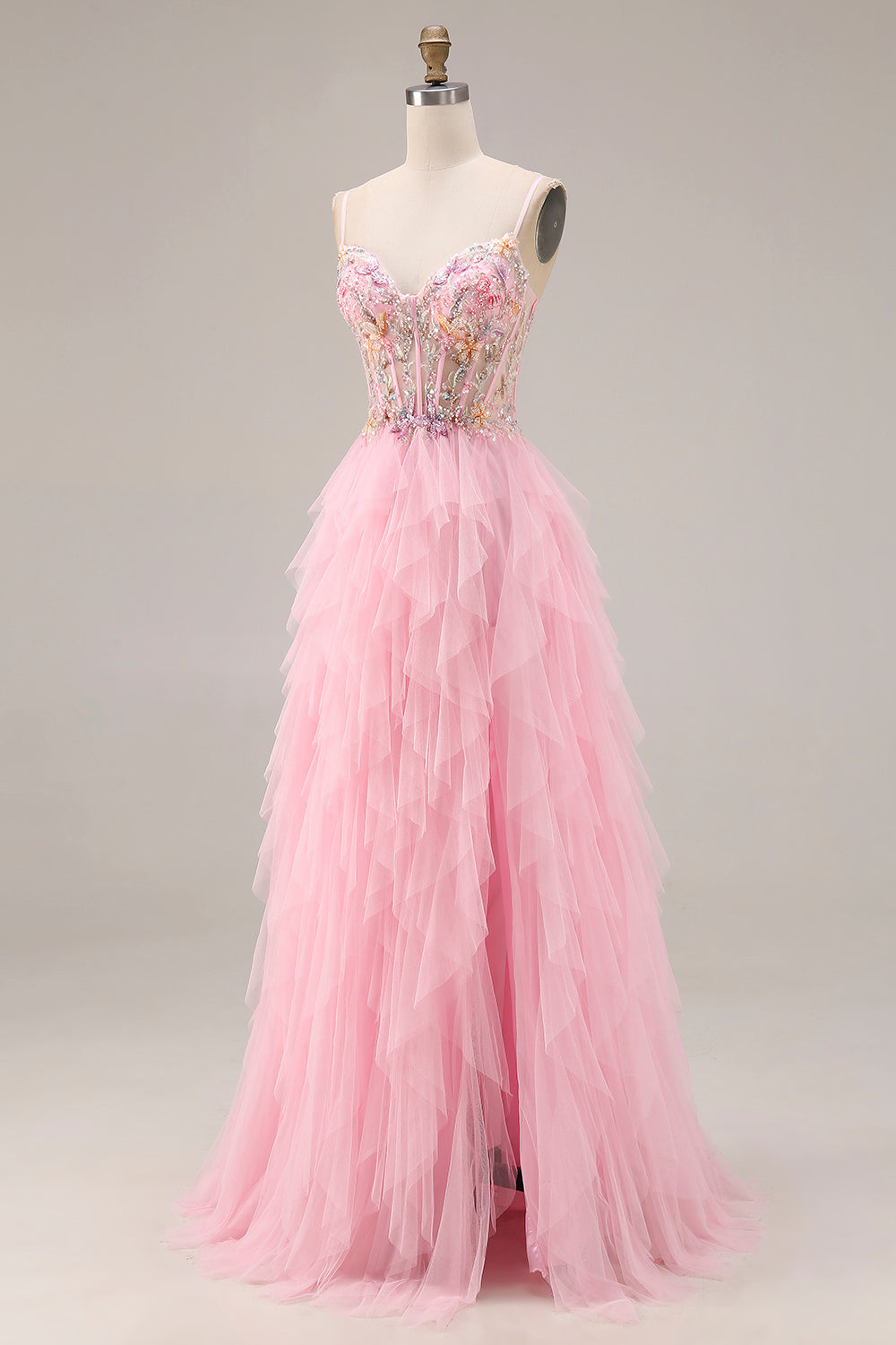 Sparkly Pink Corset Ruffled Beaded Prom Dress