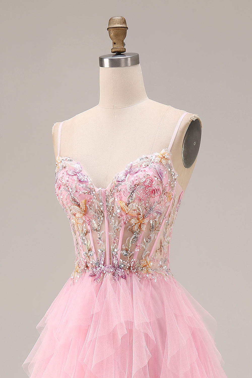 Sparkly Pink Corset Ruffled Beaded Prom Dress