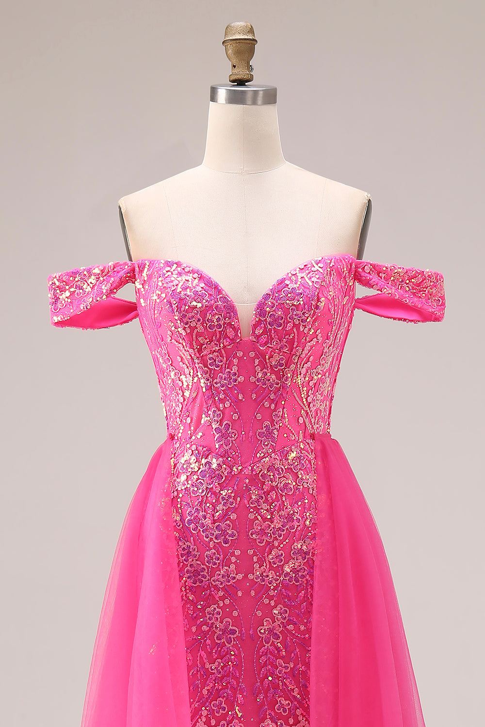 Sparkly Off the Shoulder Appliqued Fuchsia Prom Dress
