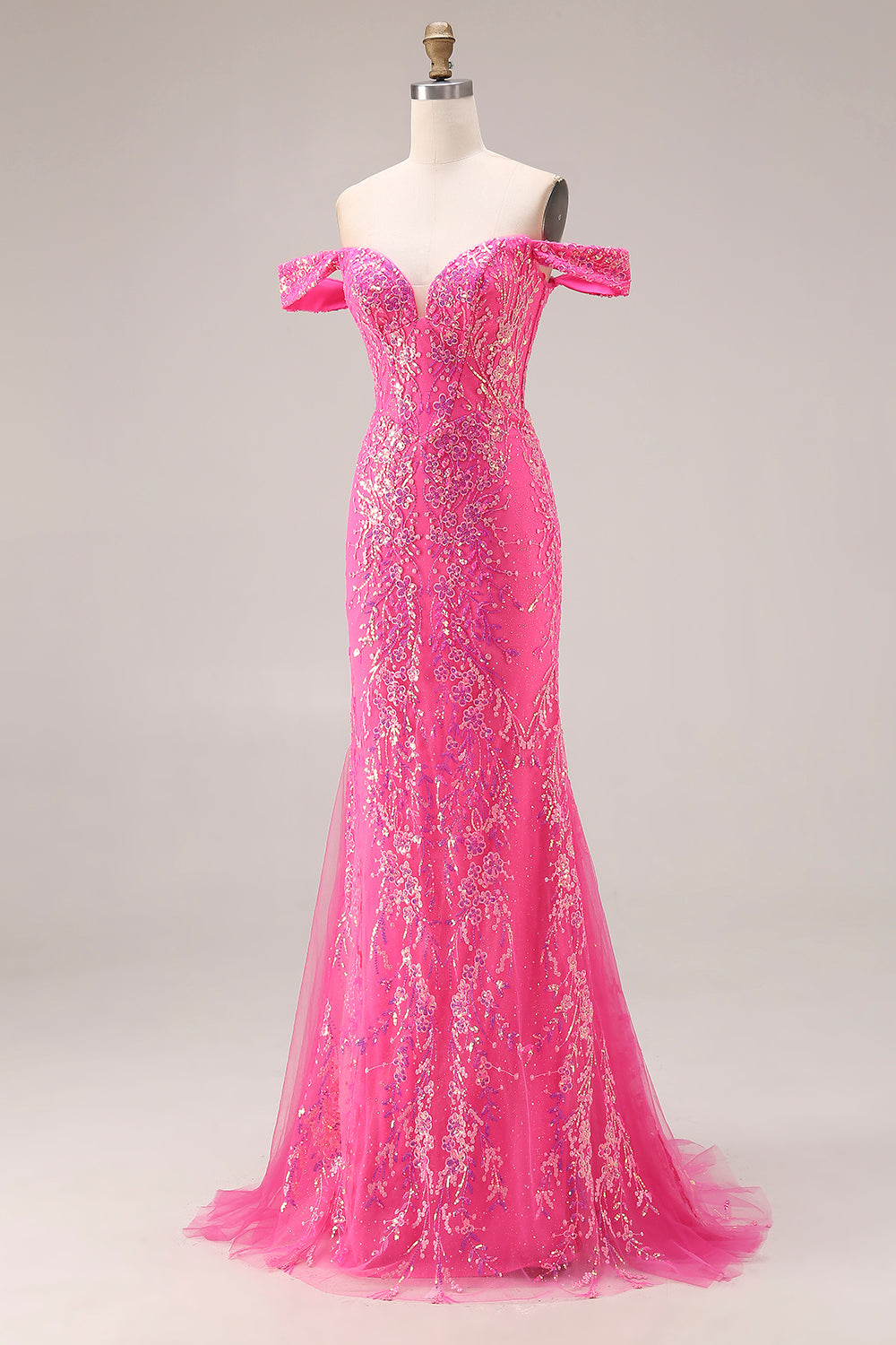 Sparkly Off the Shoulder Appliqued Fuchsia Prom Dress