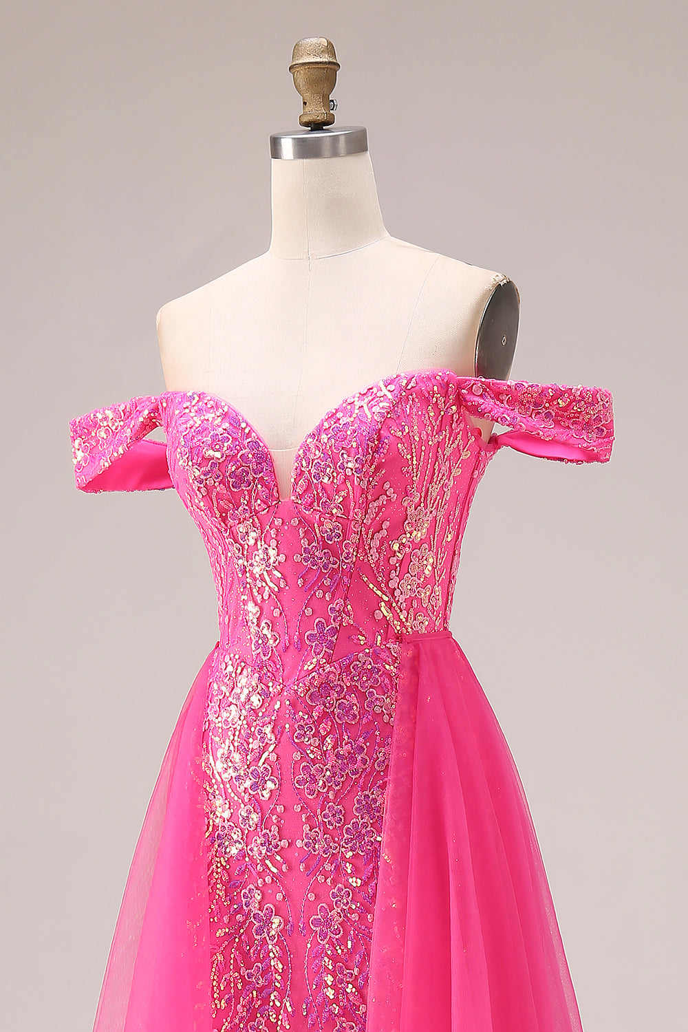 Sparkly Off the Shoulder Appliqued Fuchsia Prom Dress