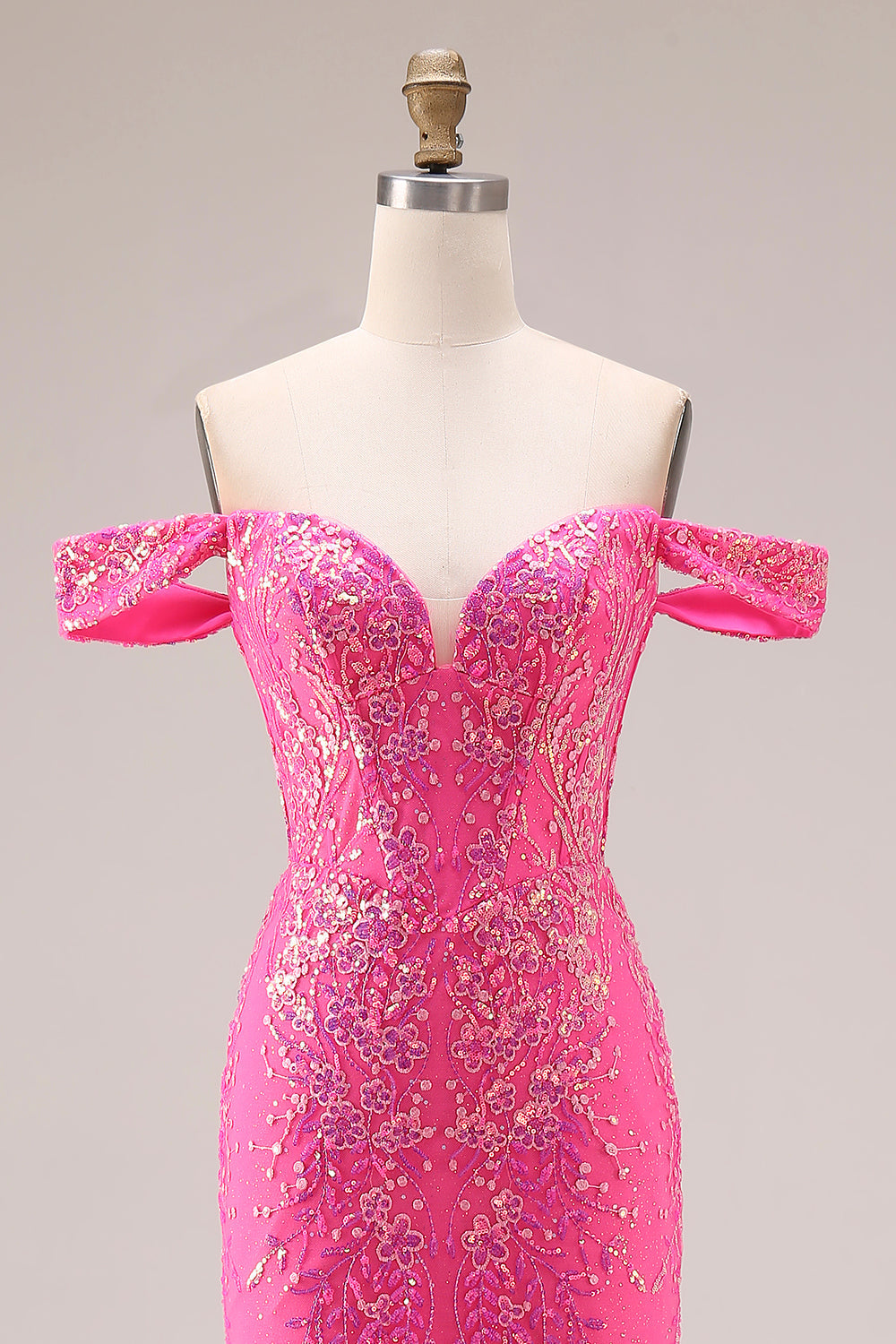 Sparkly Off the Shoulder Appliqued Fuchsia Prom Dress