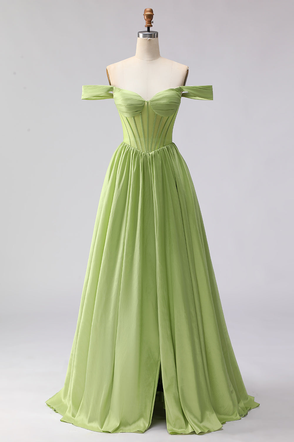 Green Off the Shoulder Corset A Line Prom Dress
