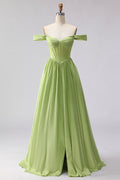 Green Off the Shoulder Corset A Line Prom Dress
