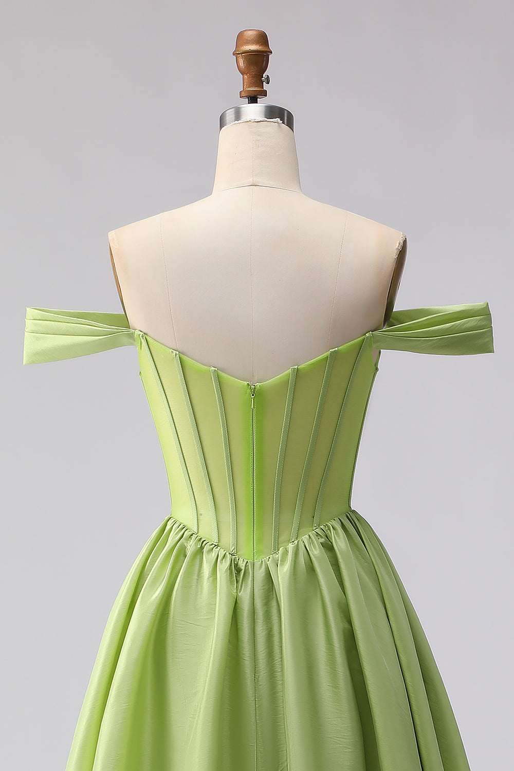 Green Off the Shoulder Corset A Line Prom Dress