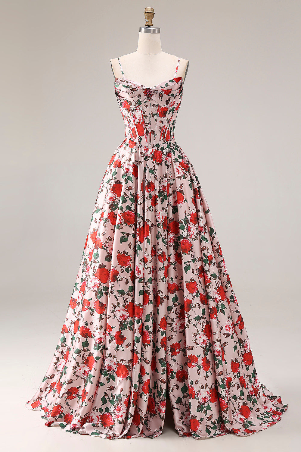 Basque Waist Pink Red Floral Maxi Prom Dress
