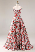 Basque Waist Pink Red Floral Maxi Prom Dress
