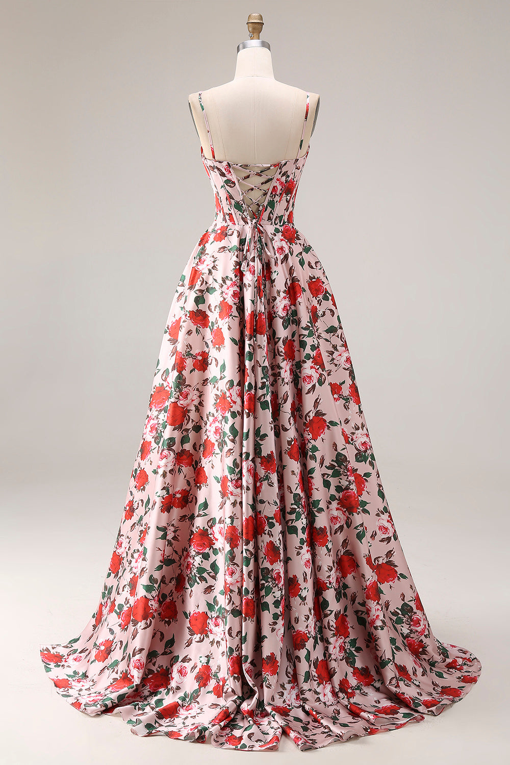 Basque Waist Pink Red Floral Maxi Prom Dress