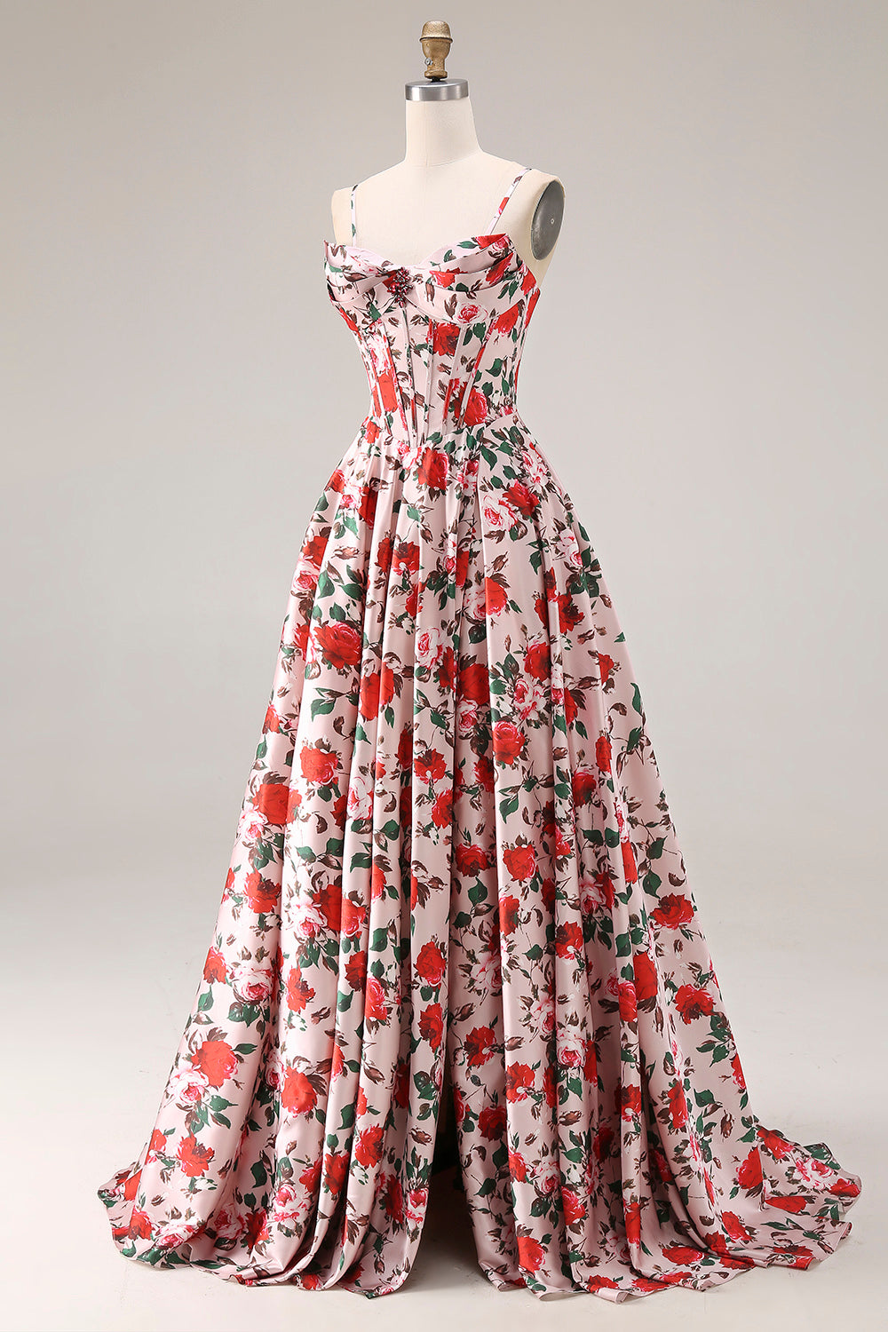 Basque Waist Pink Red Floral Maxi Prom Dress