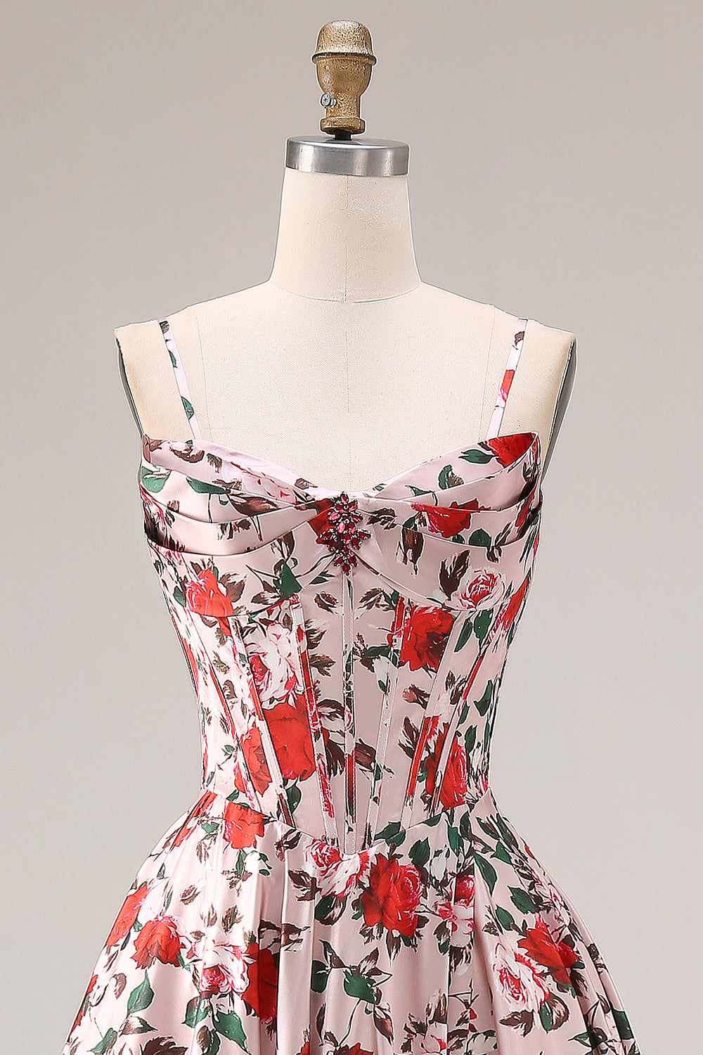 Basque Waist Pink Red Floral Maxi Prom Dress