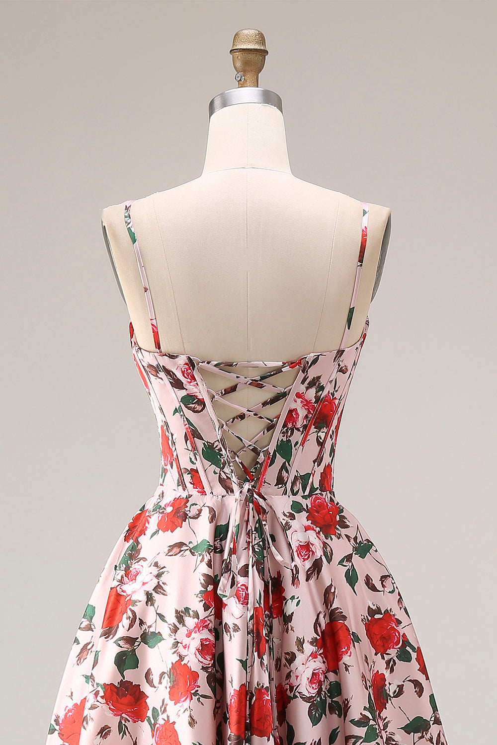 Basque Waist Pink Red Floral Maxi Prom Dress