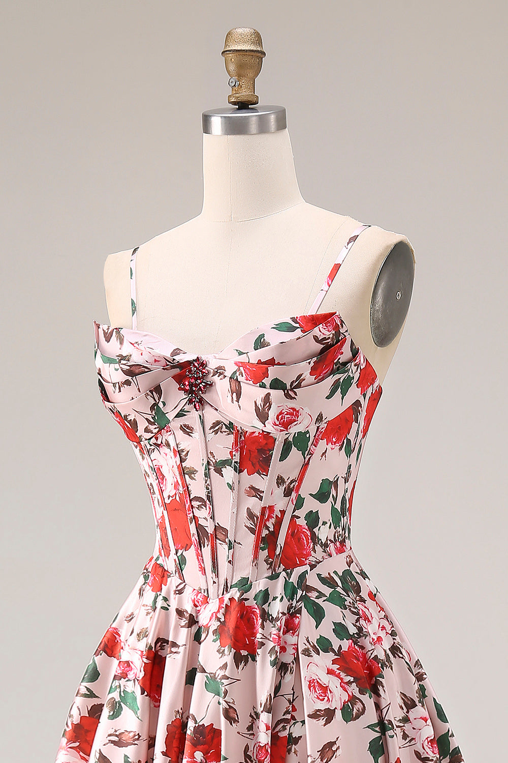 Basque Waist Pink Red Floral Maxi Prom Dress