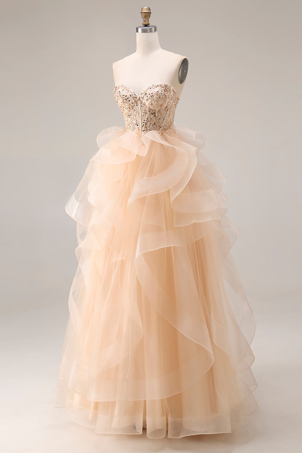 Strapless Corset Ruffled Ball Gown Champagne Prom Dress