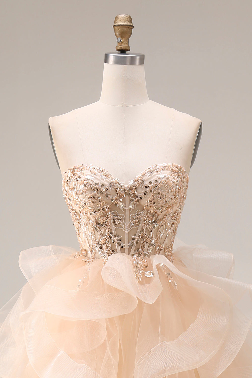 Strapless Corset Ruffled Ball Gown Champagne Prom Dress