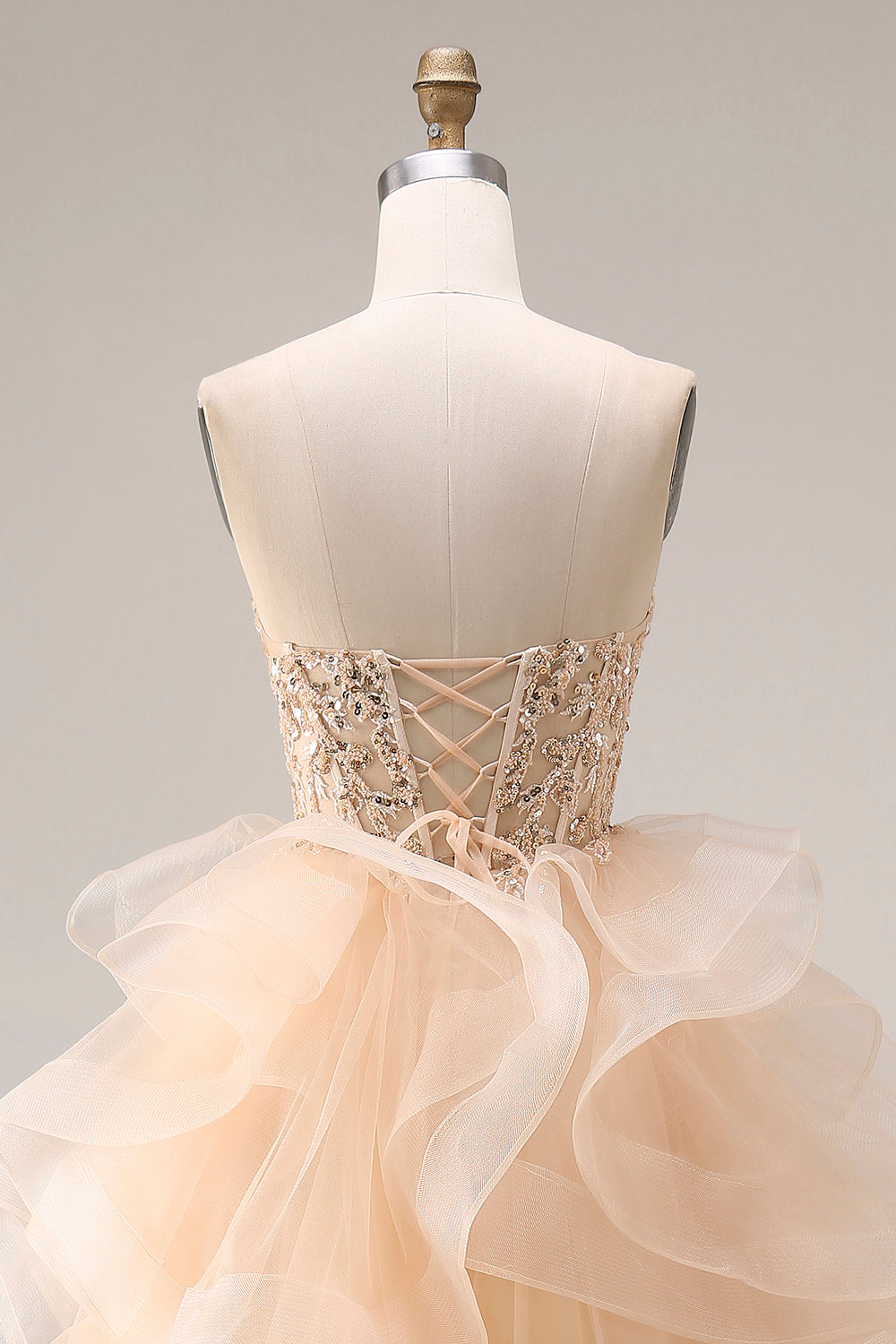 Strapless Corset Ruffled Ball Gown Champagne Prom Dress
