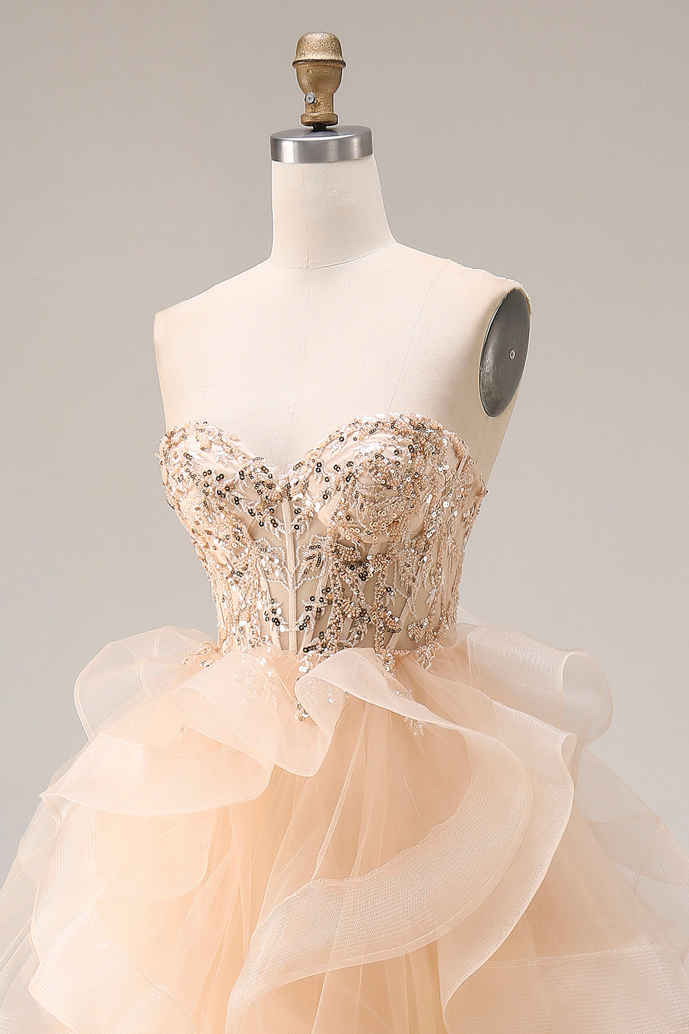 Strapless Corset Ruffled Ball Gown Champagne Prom Dress