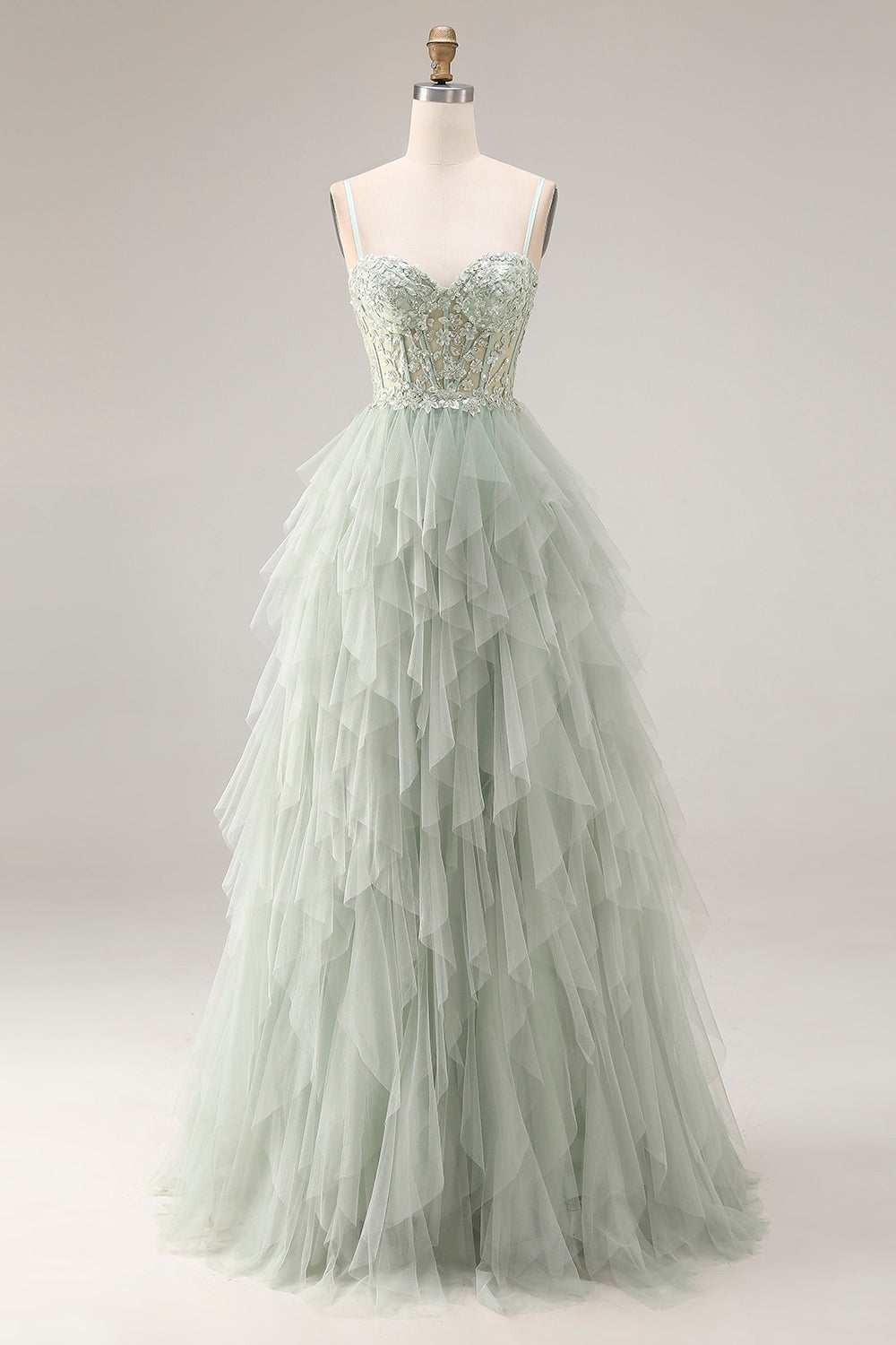 A Line Appliqued Corset Ruffled Dusty Green Prom Dress
