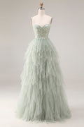 A Line Appliqued Corset Ruffled Dusty Green Prom Dress