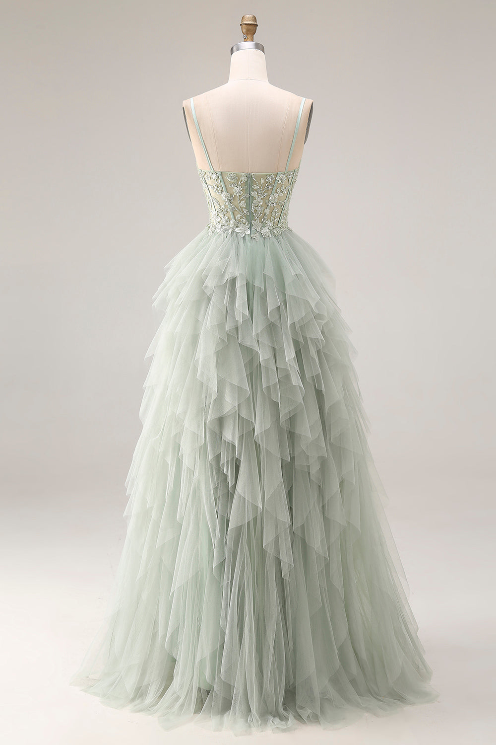 A Line Appliqued Corset Ruffled Dusty Green Prom Dress