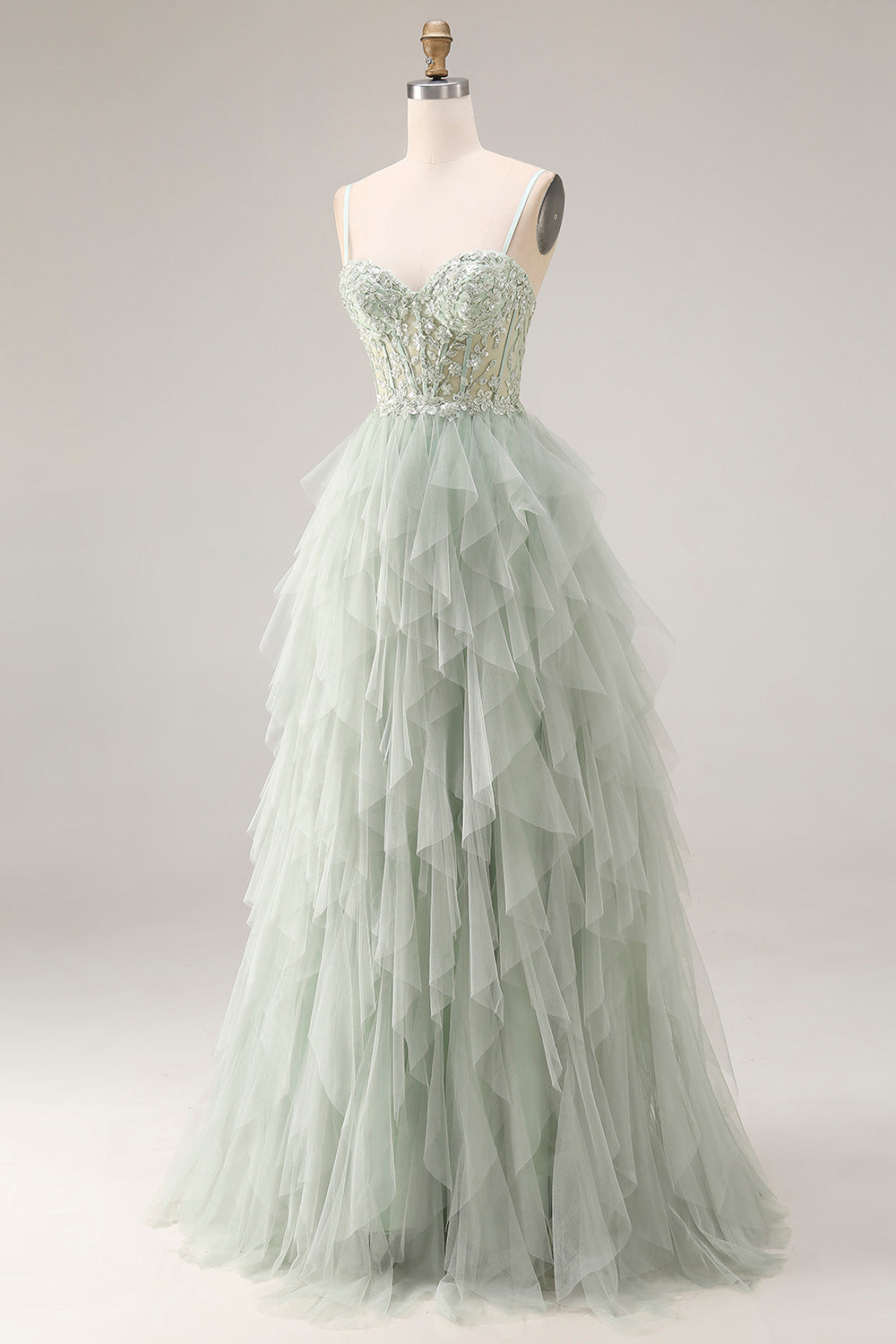 A Line Appliqued Corset Ruffled Dusty Green Prom Dress