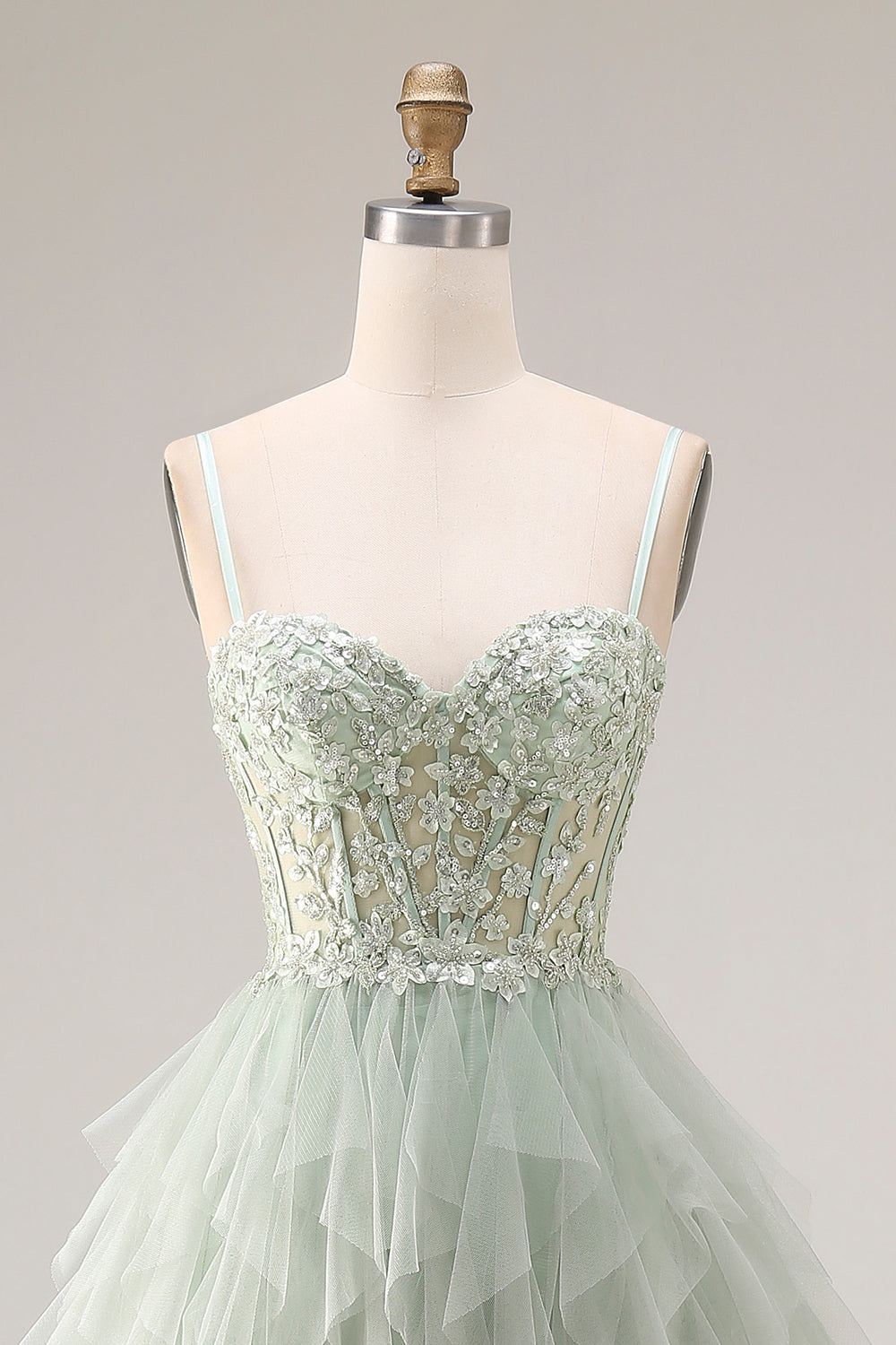 A Line Appliqued Corset Ruffled Dusty Green Prom Dress