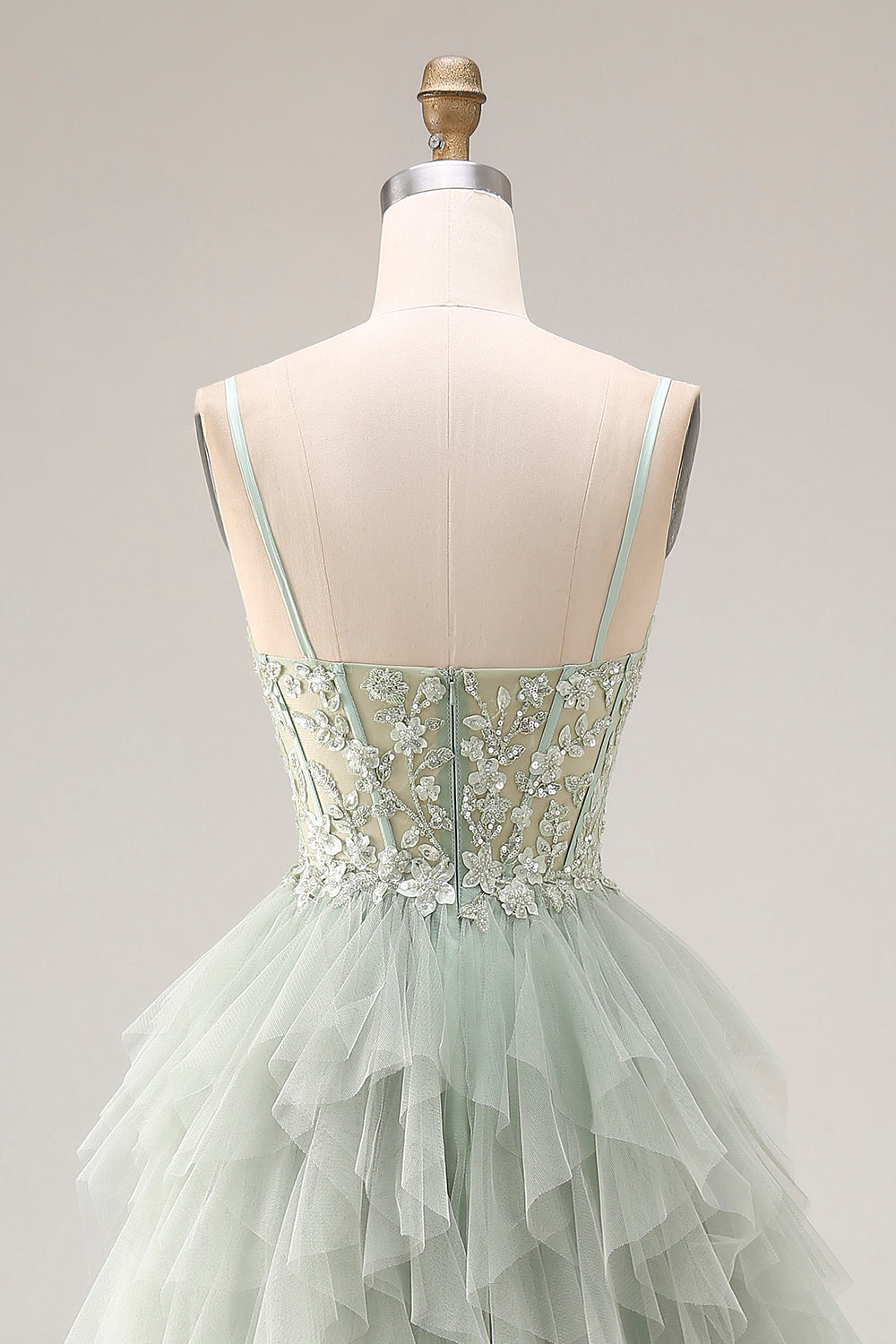 A Line Appliqued Corset Ruffled Dusty Green Prom Dress