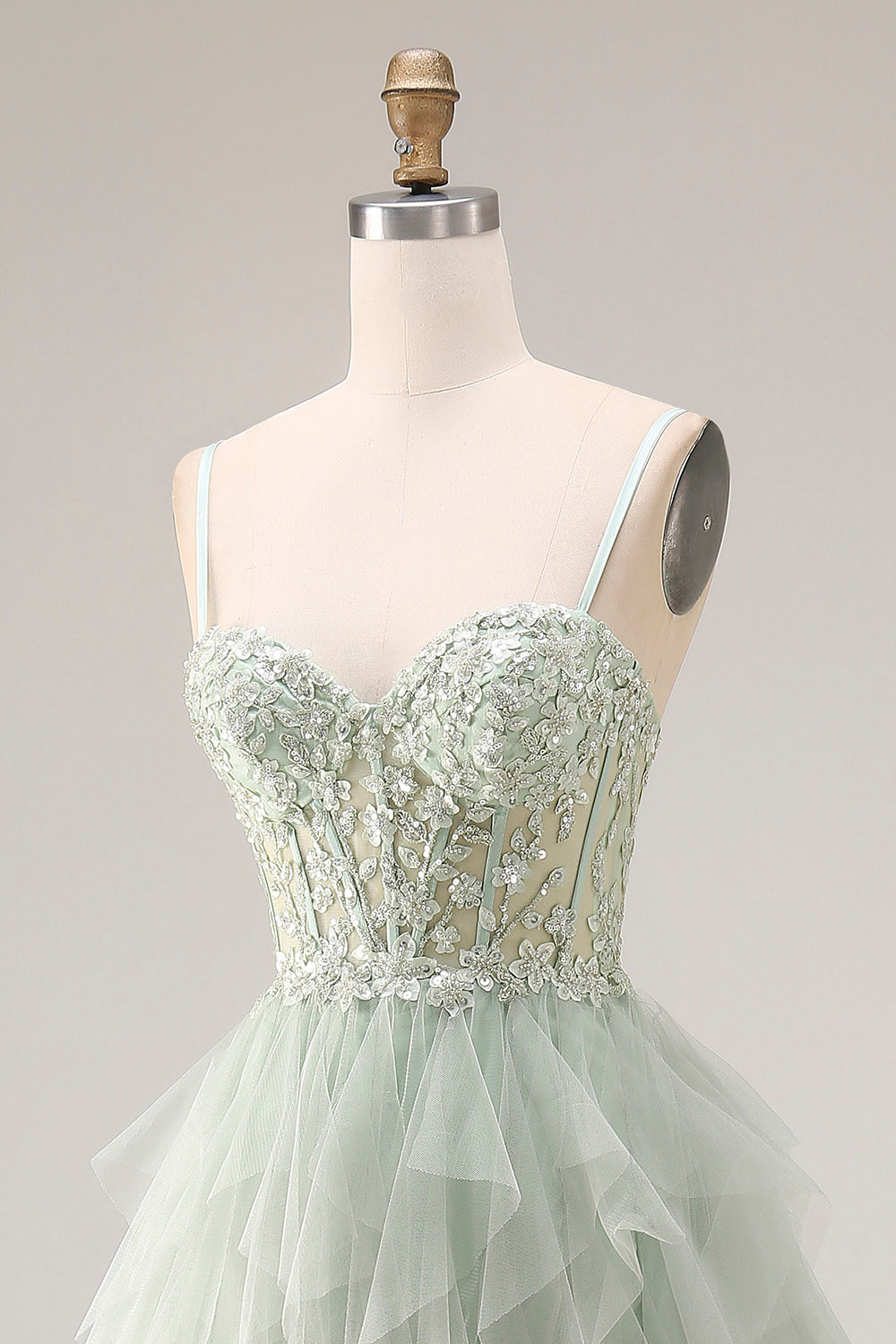 A Line Appliqued Corset Ruffled Dusty Green Prom Dress