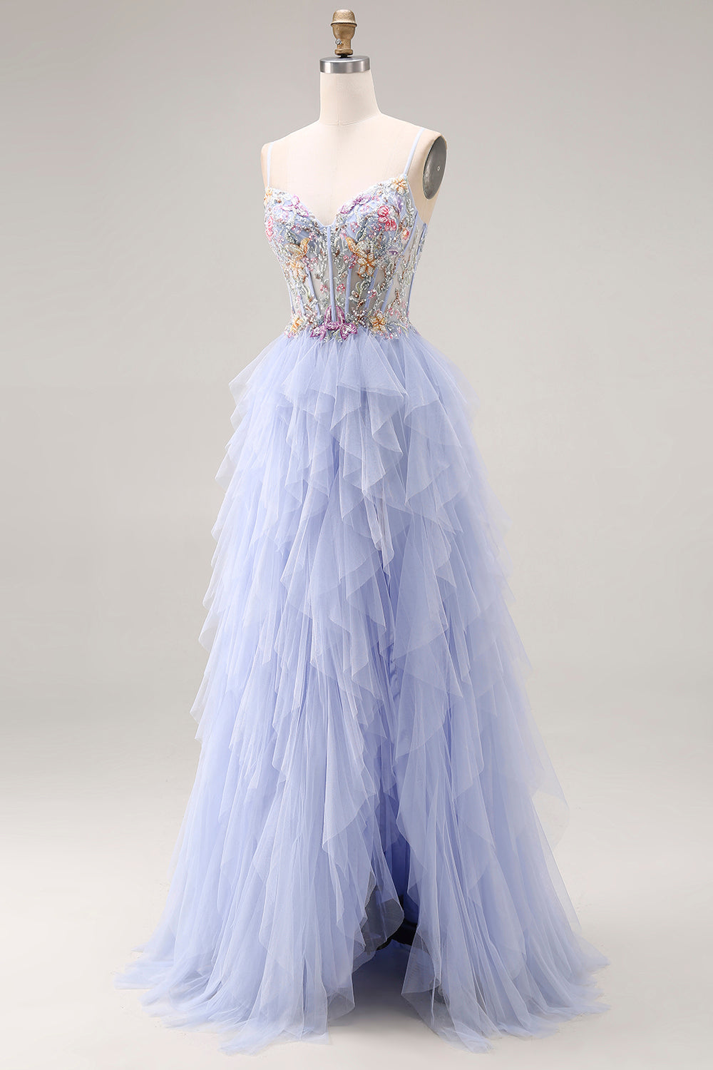 Sequin A Line Corset Ruffled Light Plum Prom Dress