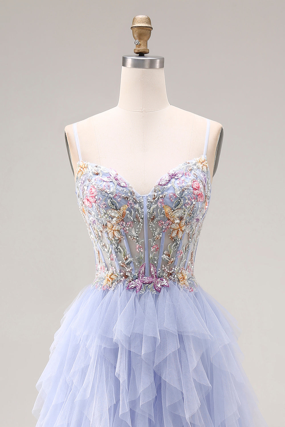 Sequin A Line Corset Ruffled Light Plum Prom Dress