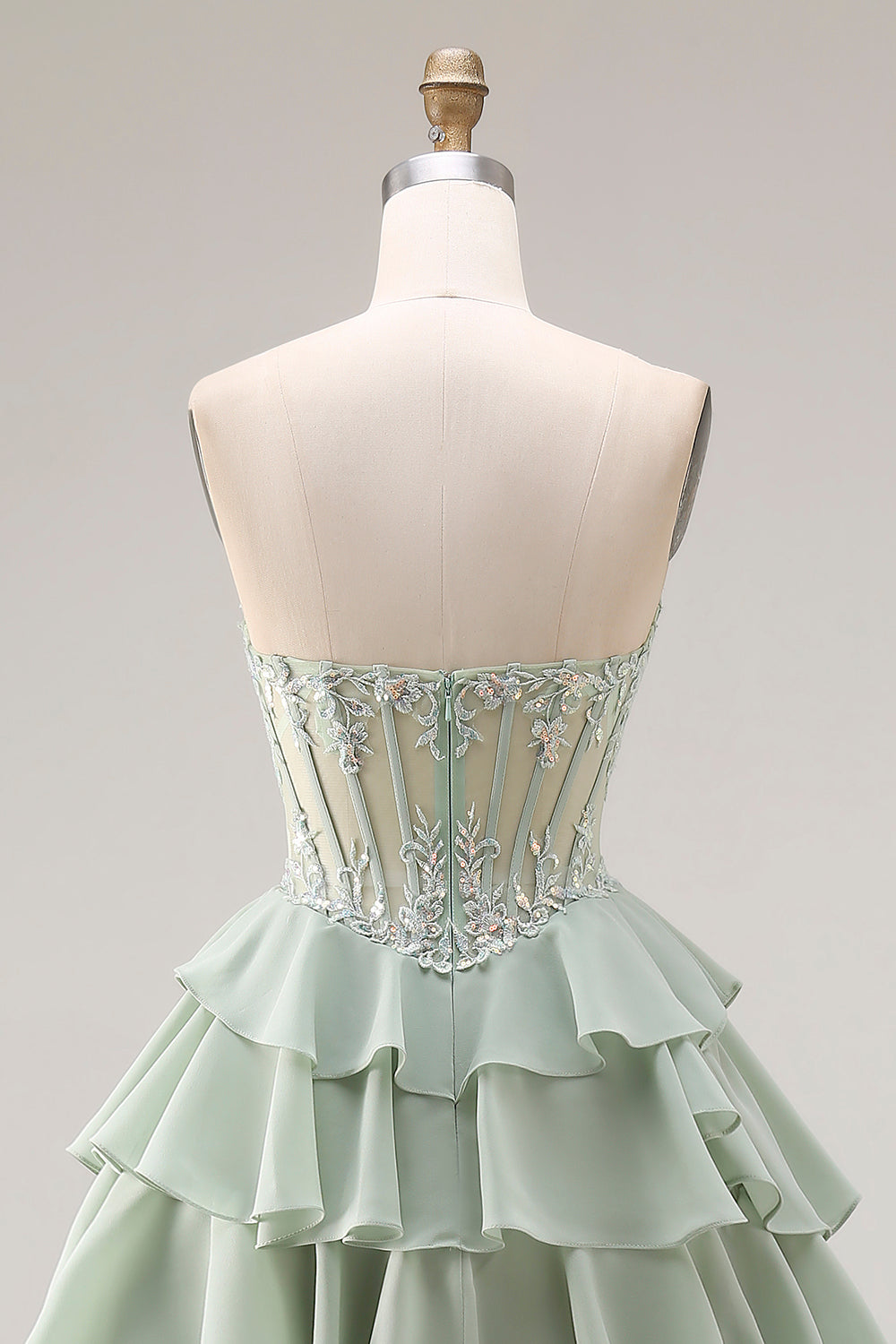 Strapless Corset Tiered Dusty Green Appliqued Prom Dress