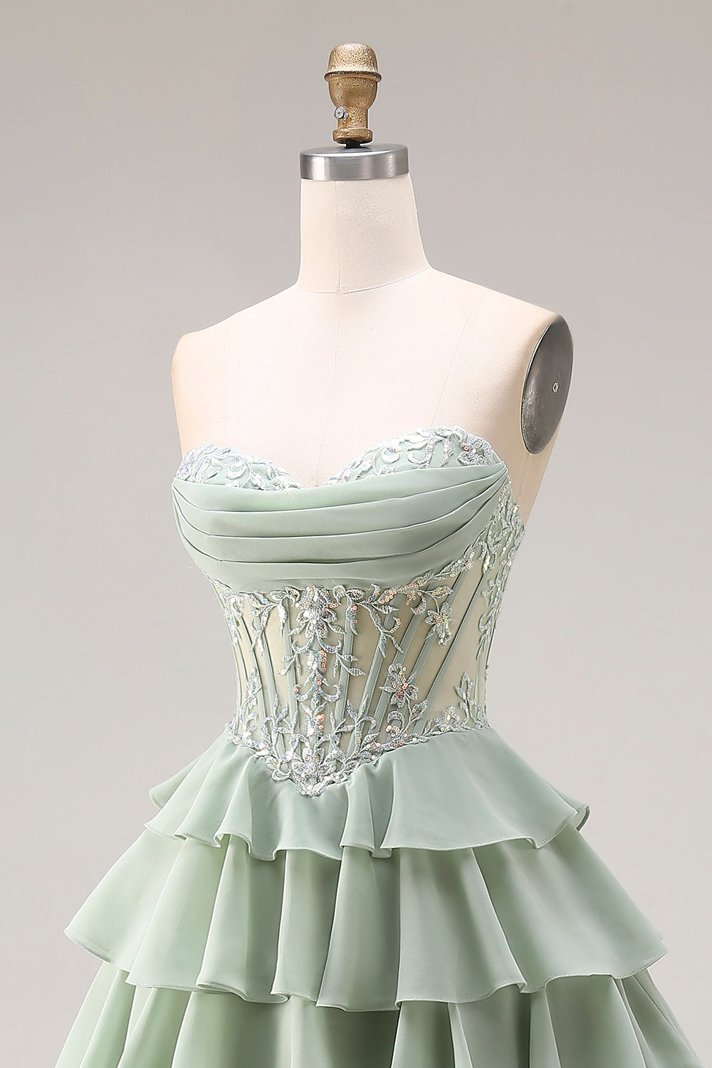 Strapless Corset Tiered Dusty Green Appliqued Prom Dress