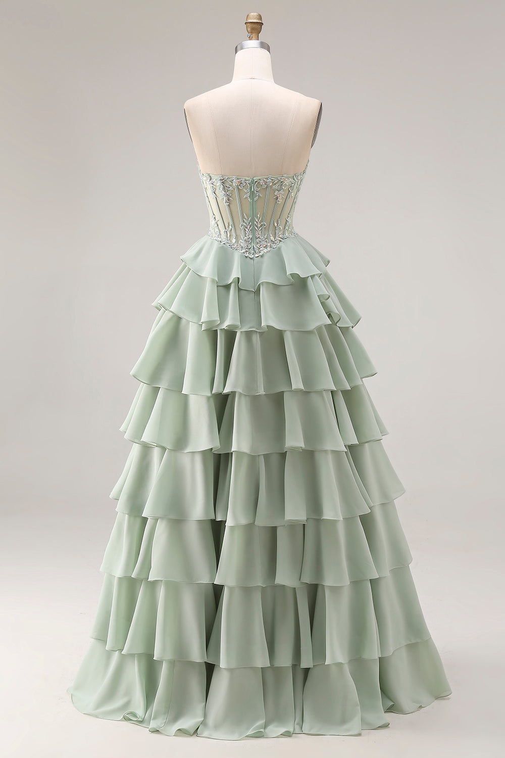 Strapless Corset Tiered Dusty Green Appliqued Prom Dress