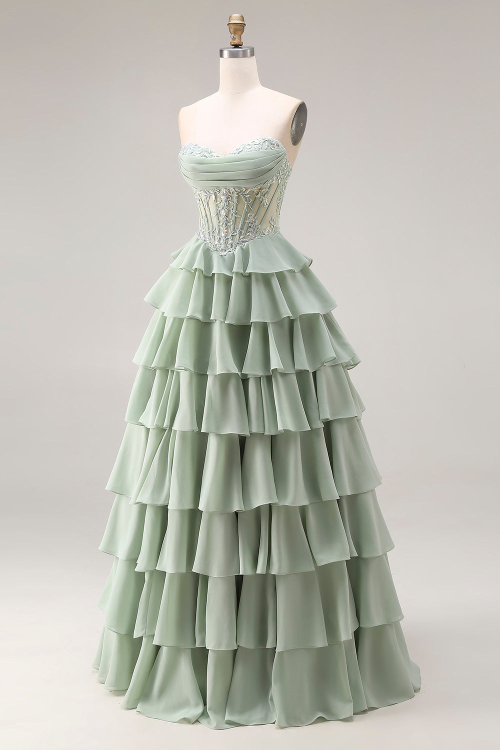 Strapless Corset Tiered Dusty Green Appliqued Prom Dress