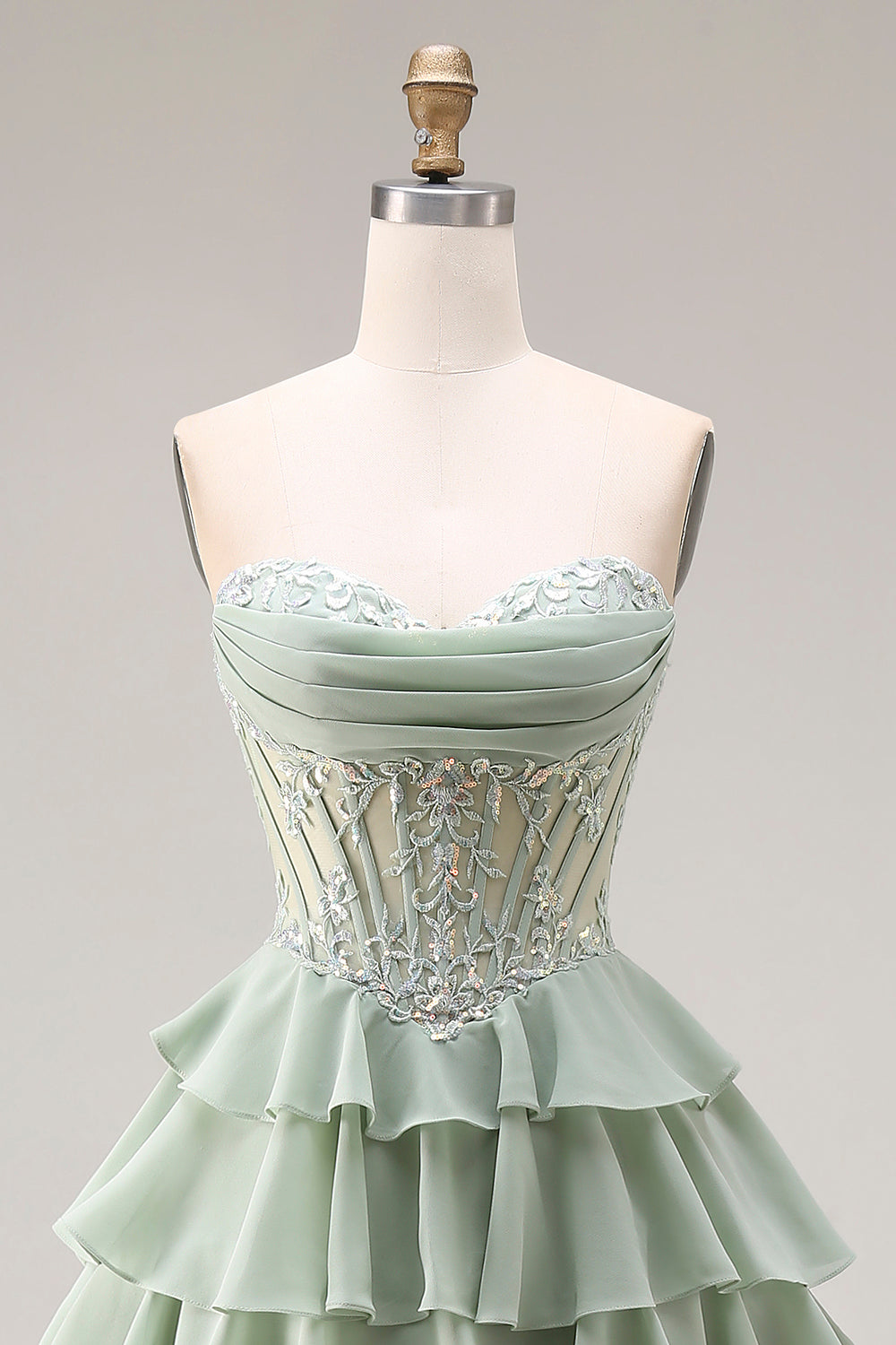 Strapless Corset Tiered Dusty Green Appliqued Prom Dress