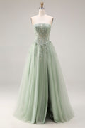 Strapless Corset A Line Dusty Green Appliqued Prom Dress