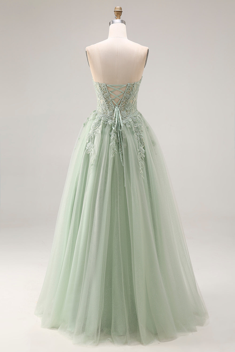 Strapless Corset A Line Dusty Green Appliqued Prom Dress