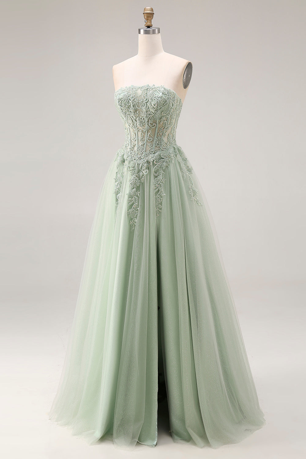 Strapless Corset A Line Dusty Green Appliqued Prom Dress