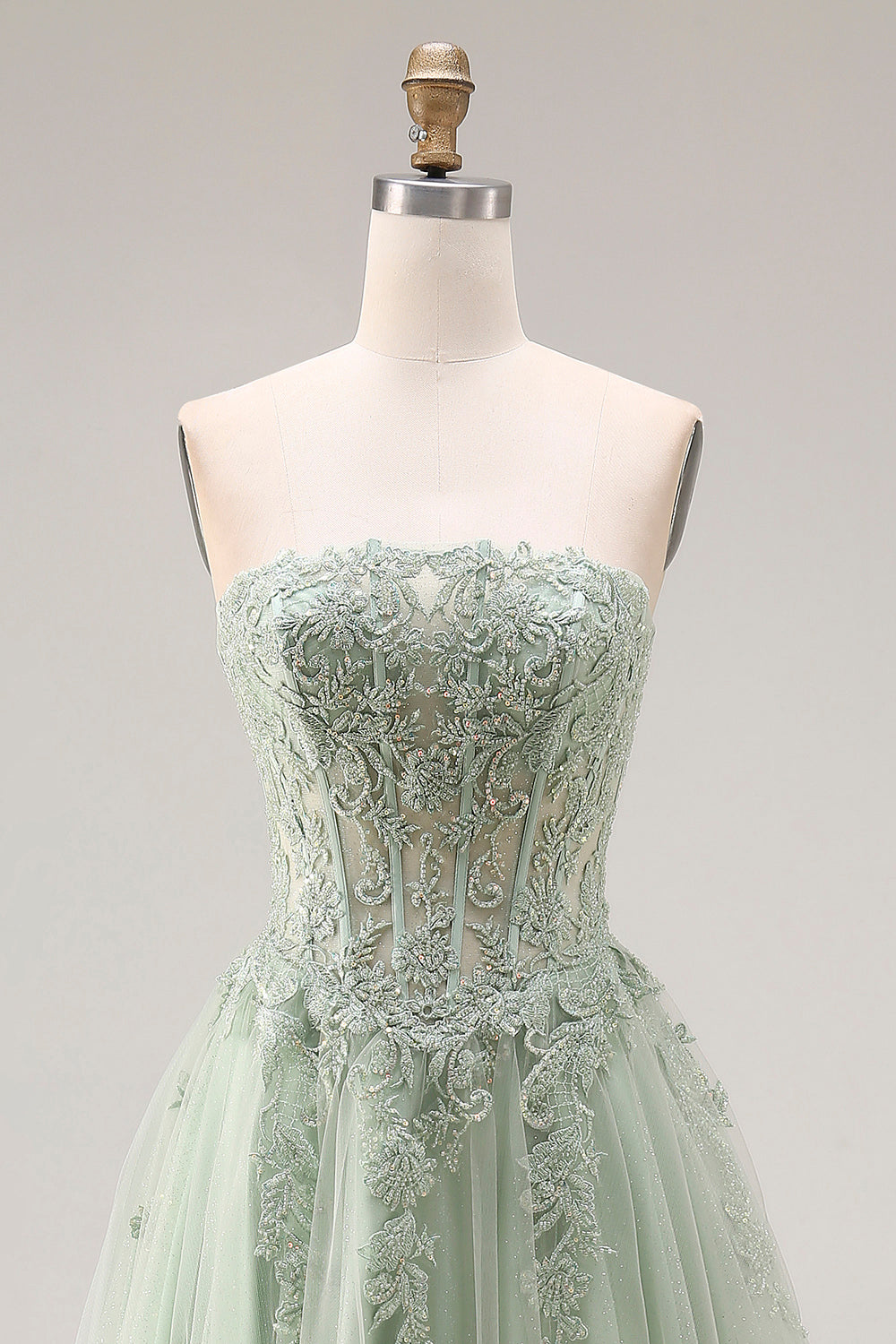 Strapless Corset A Line Dusty Green Appliqued Prom Dress