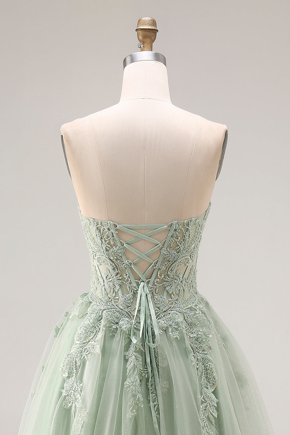 Strapless Corset A Line Dusty Green Appliqued Prom Dress